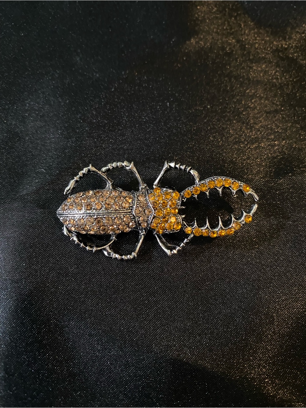 Crystal Beetle Brooch - Amber and Smoke Rhinestones